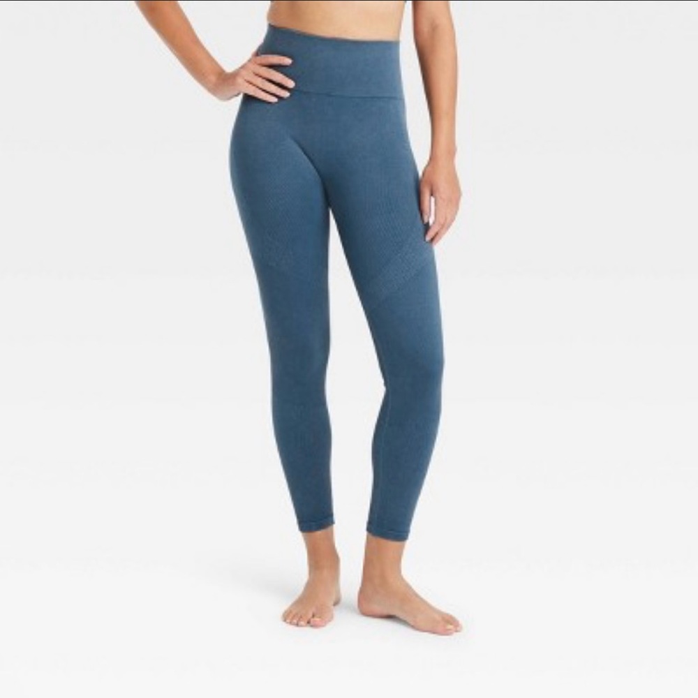 Leggings Hi-Rise Ribbed Stretchy Active Wear Seamless Blue Size Small/Medium - Picture 3 of 11